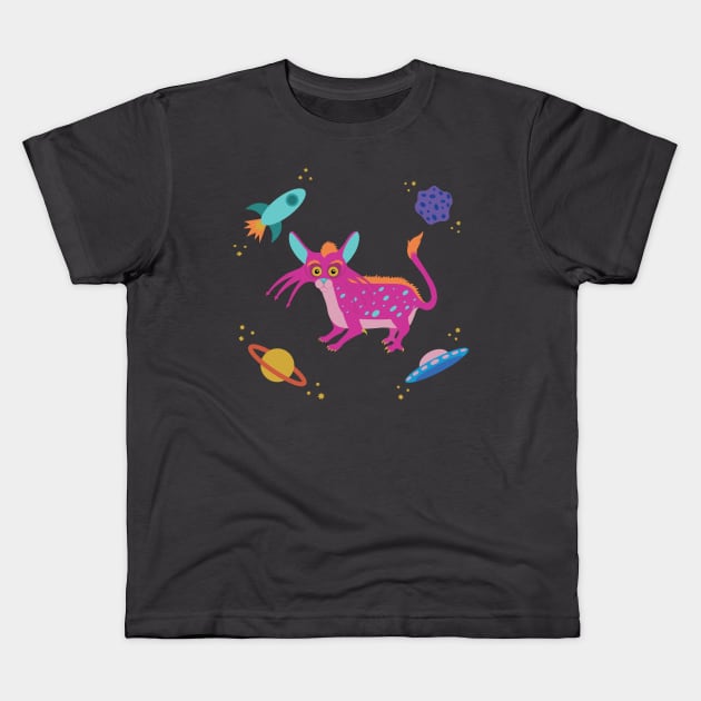 Whimsical Space Cat Kids T-Shirt by AlisonDennis